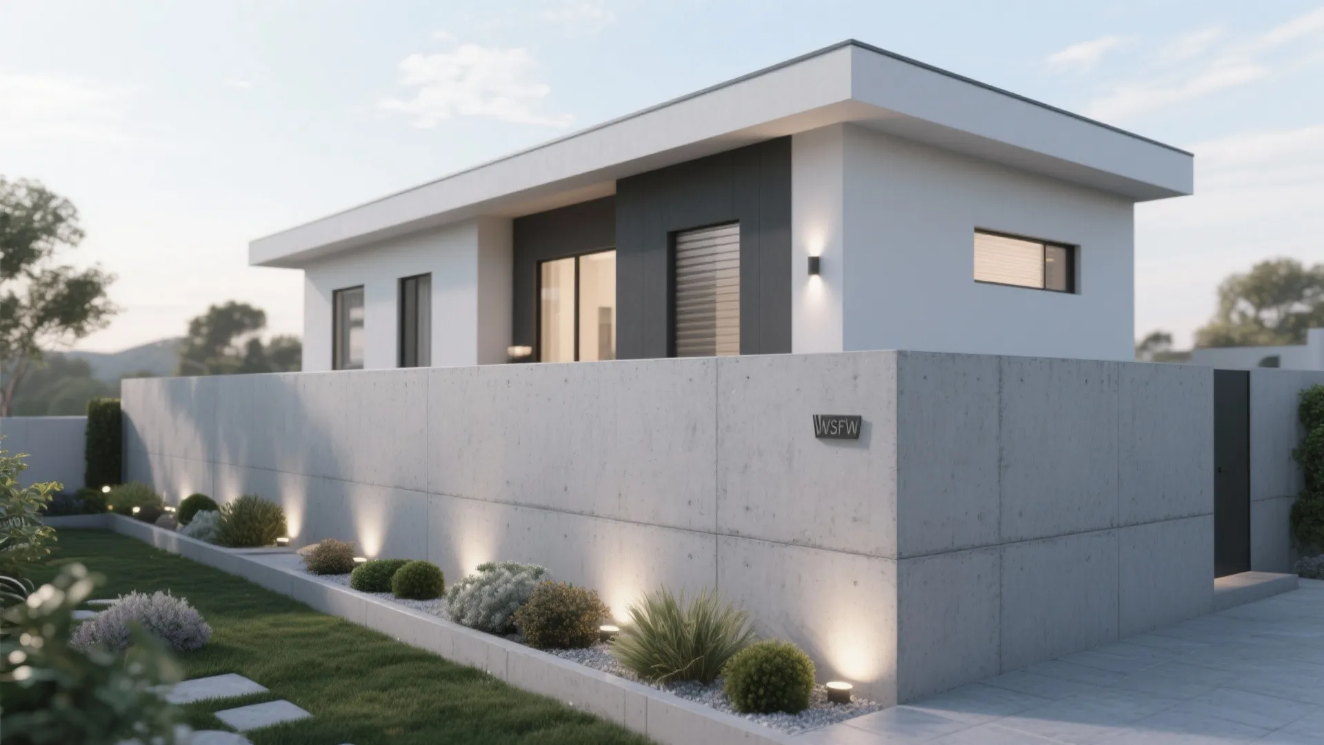 Minimalist white house with a tall concrete wall and small floor lights along the garden