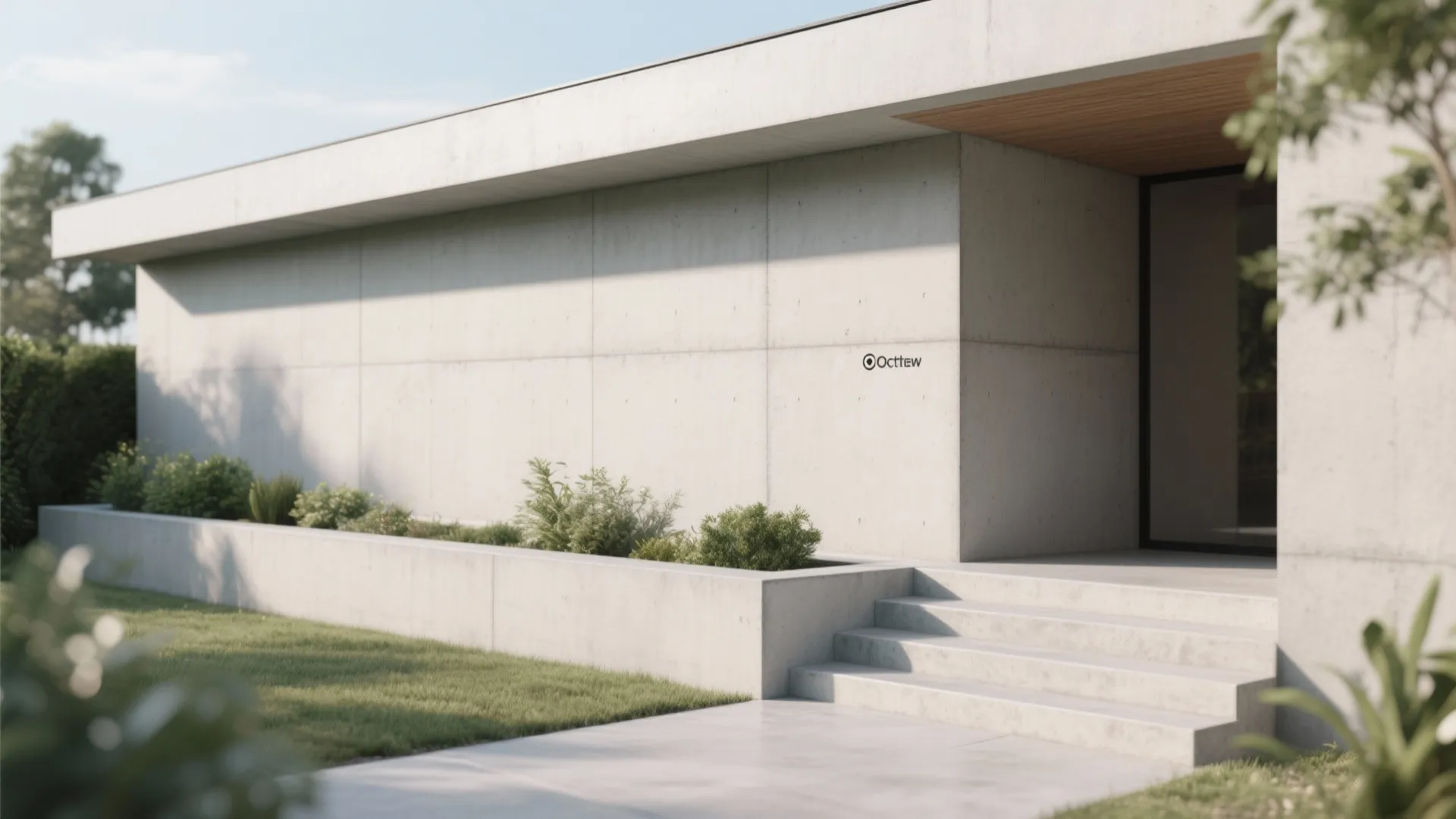 Modern grey concrete house exterior showing white stone steps with green plants and green lawn area