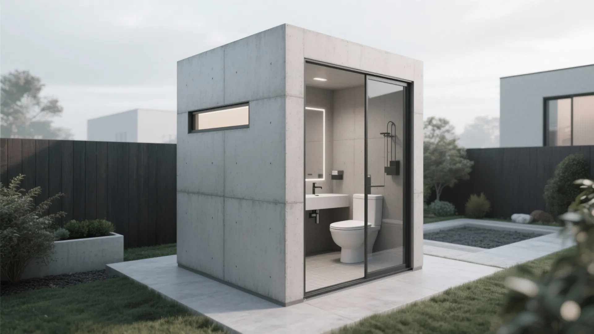 Modern minimalist concrete outdoor bathroom pod with toilet sink and glass sliding door in backyard
