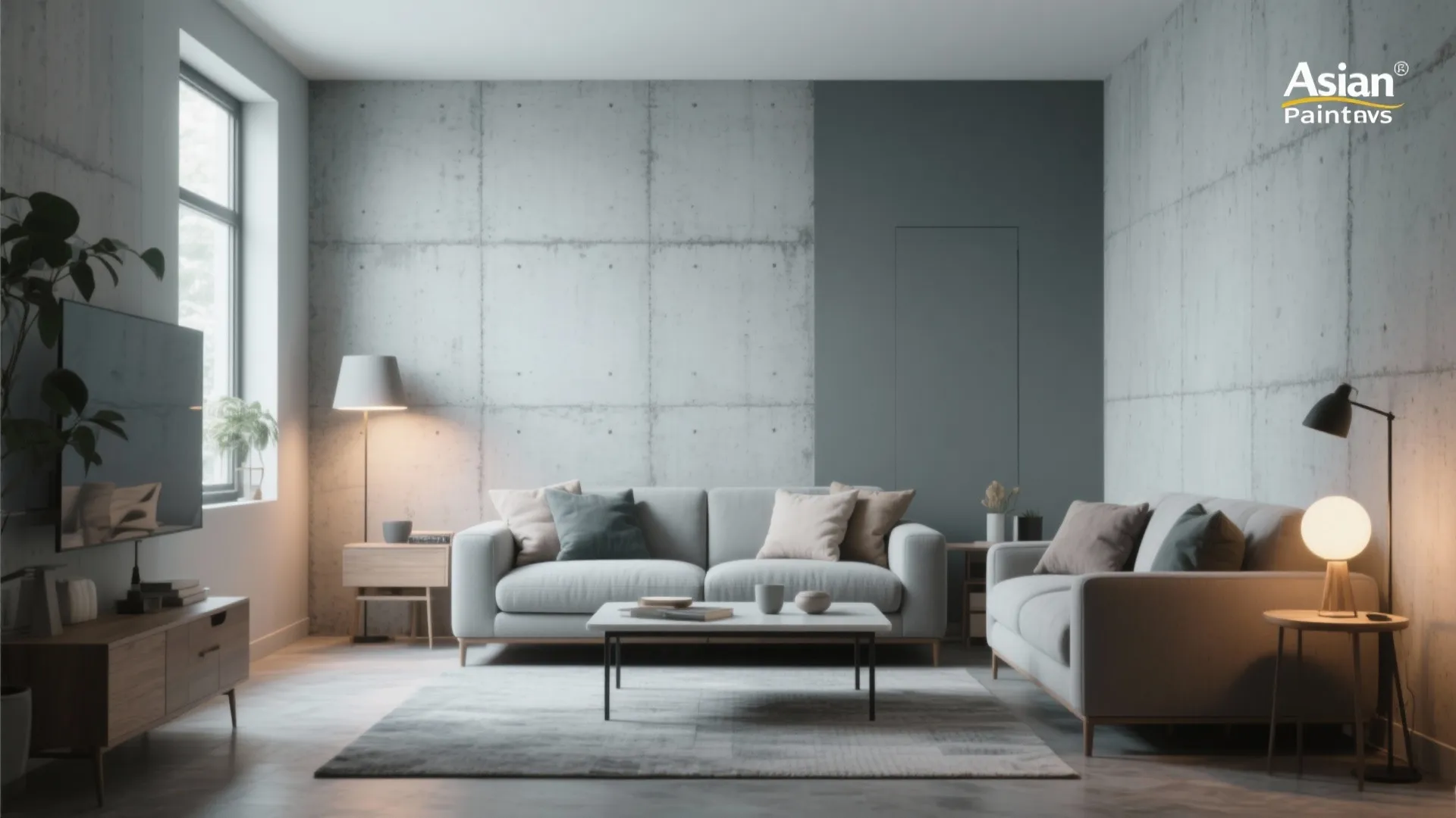 Minimalist living room with grey sofas wooden coffee table floor lamp and modern concrete walls