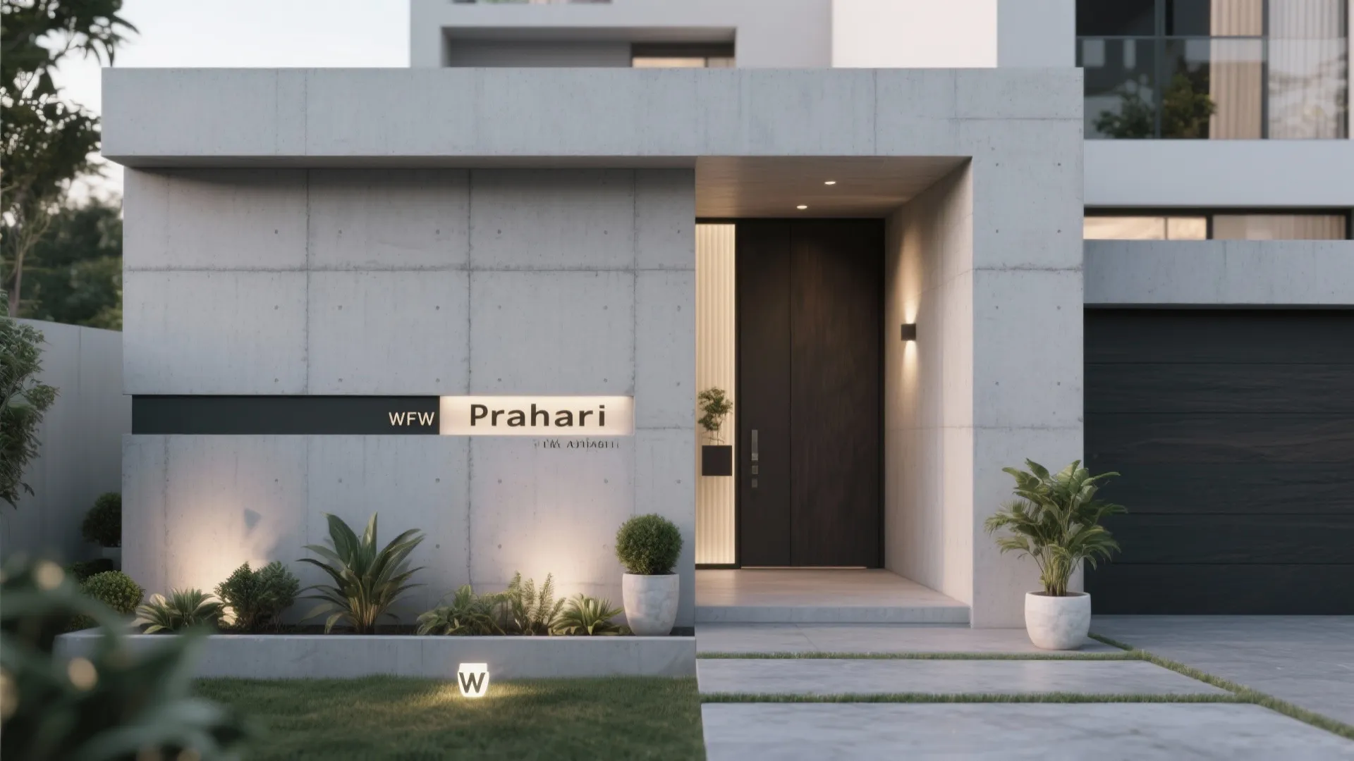 Modern minimalist house entrance with concrete wall panels and black door plus small green plants