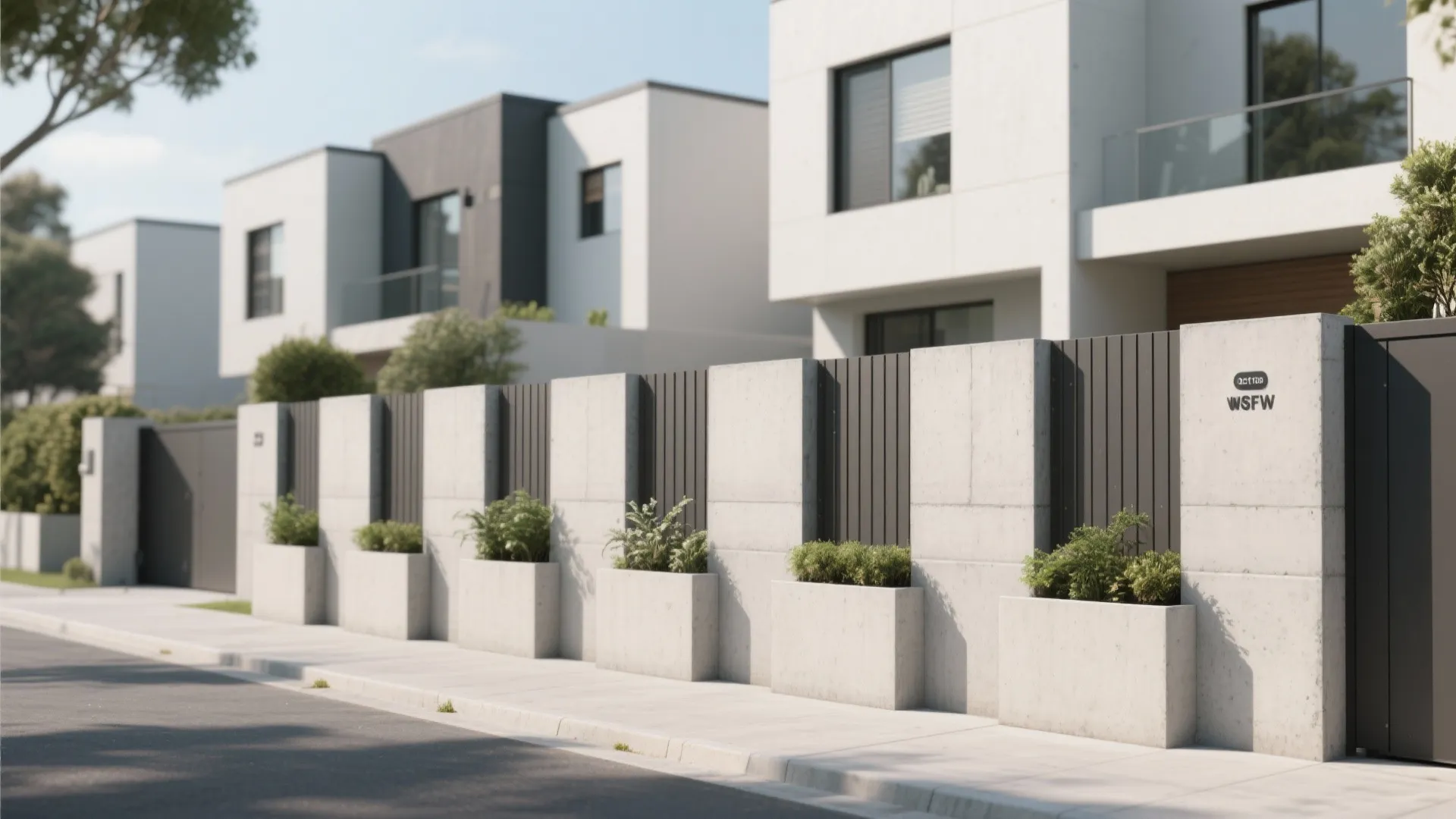 Minimalist concrete wall with built-in plant boxes and dark metal slats along a street view
