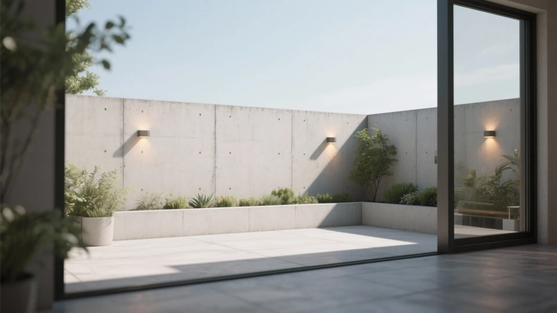 Minimalist outdoor patio with grey concrete wall panels small green plants and warm wall light fixtures