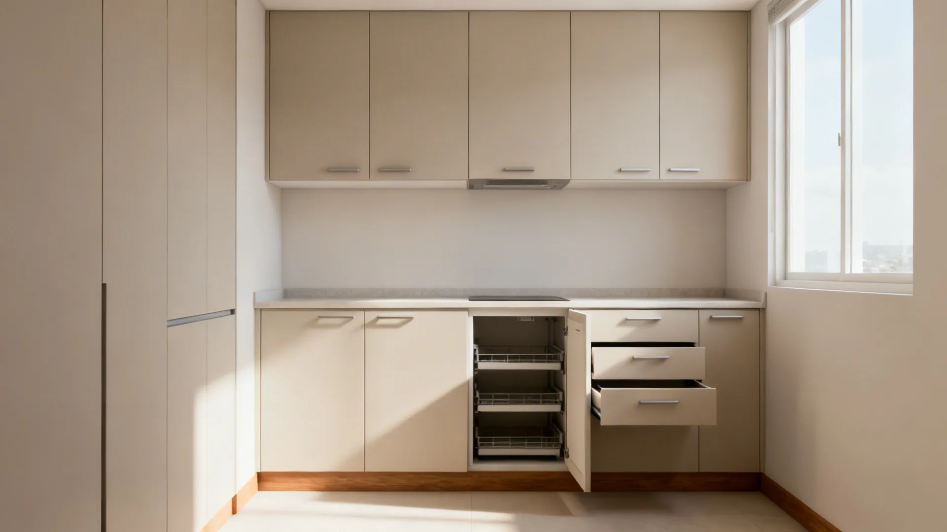 Minimalist condo kitchen with flush matte cabinets and integrated pulls, clutter-free and bright.