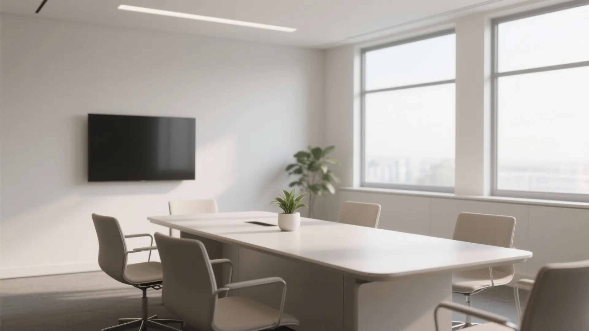 Minimalist white conference room featuring a large table grey chairs wall monitor and natural light