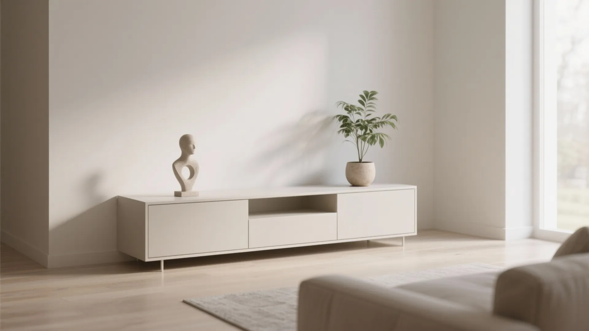 Minimalist console table with sculpture and plant in living room