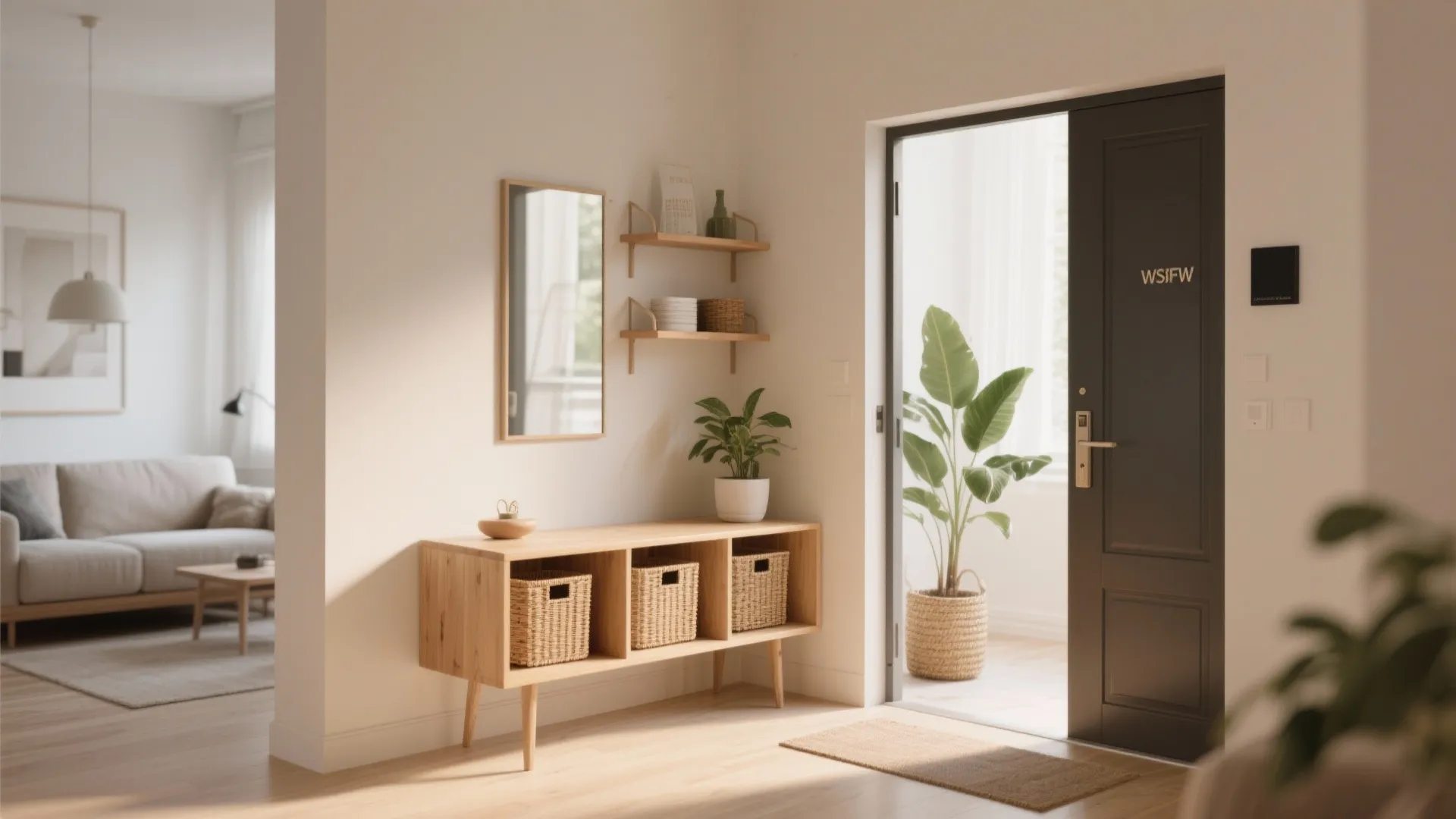 Small entryway with narrow console table and open storage