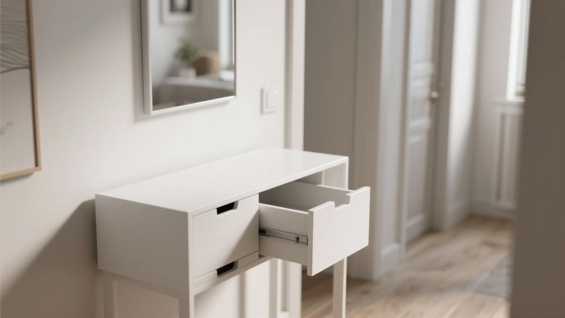 Minimalist white entrance table with an open drawer placed against a white wall with mirror