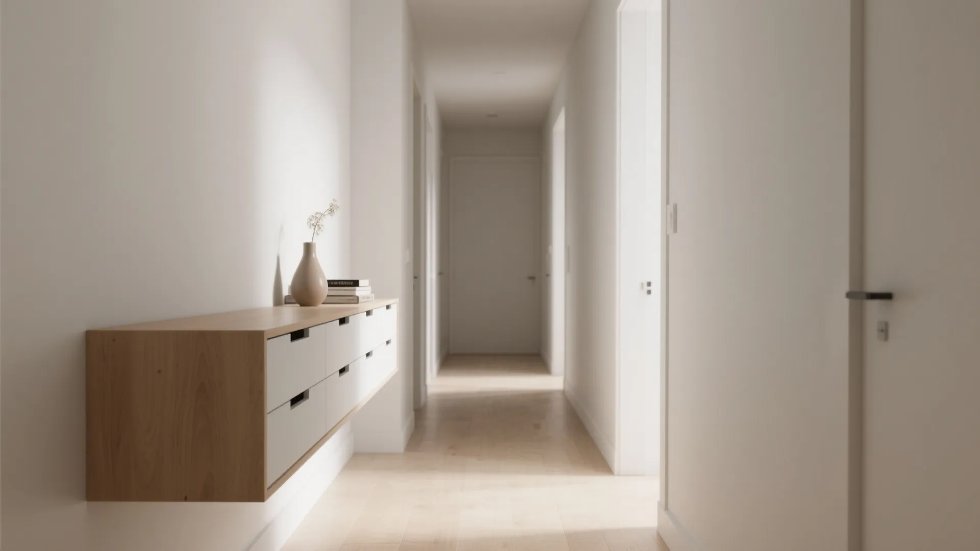 Minimalist white hallway featuring floating wooden cabinet with drawers, small vase, and multiple white doors