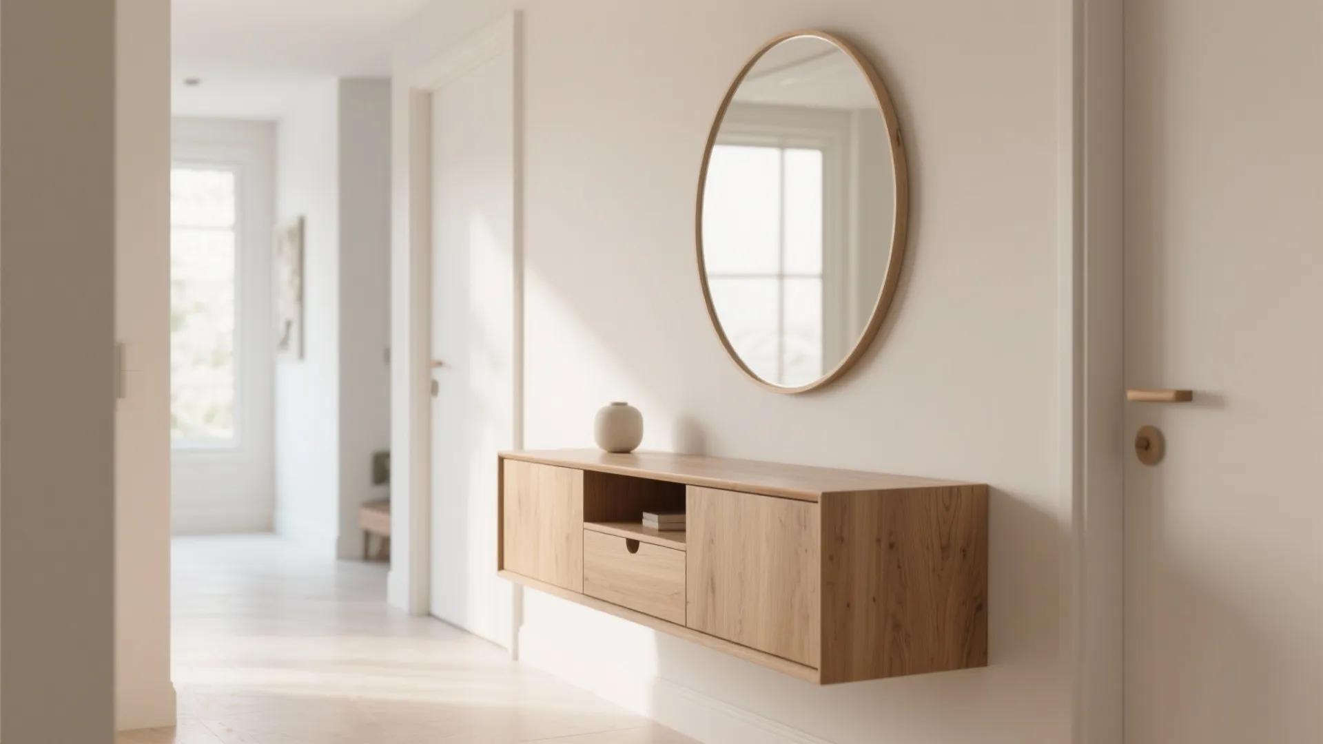 Floating wooden cabinet with round mirror on white wall in a bright minimalist home entrance