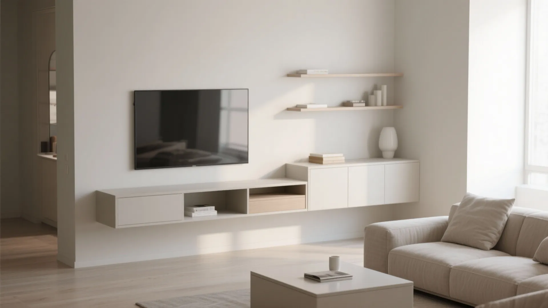 Minimalist floating console in a light neutral living room