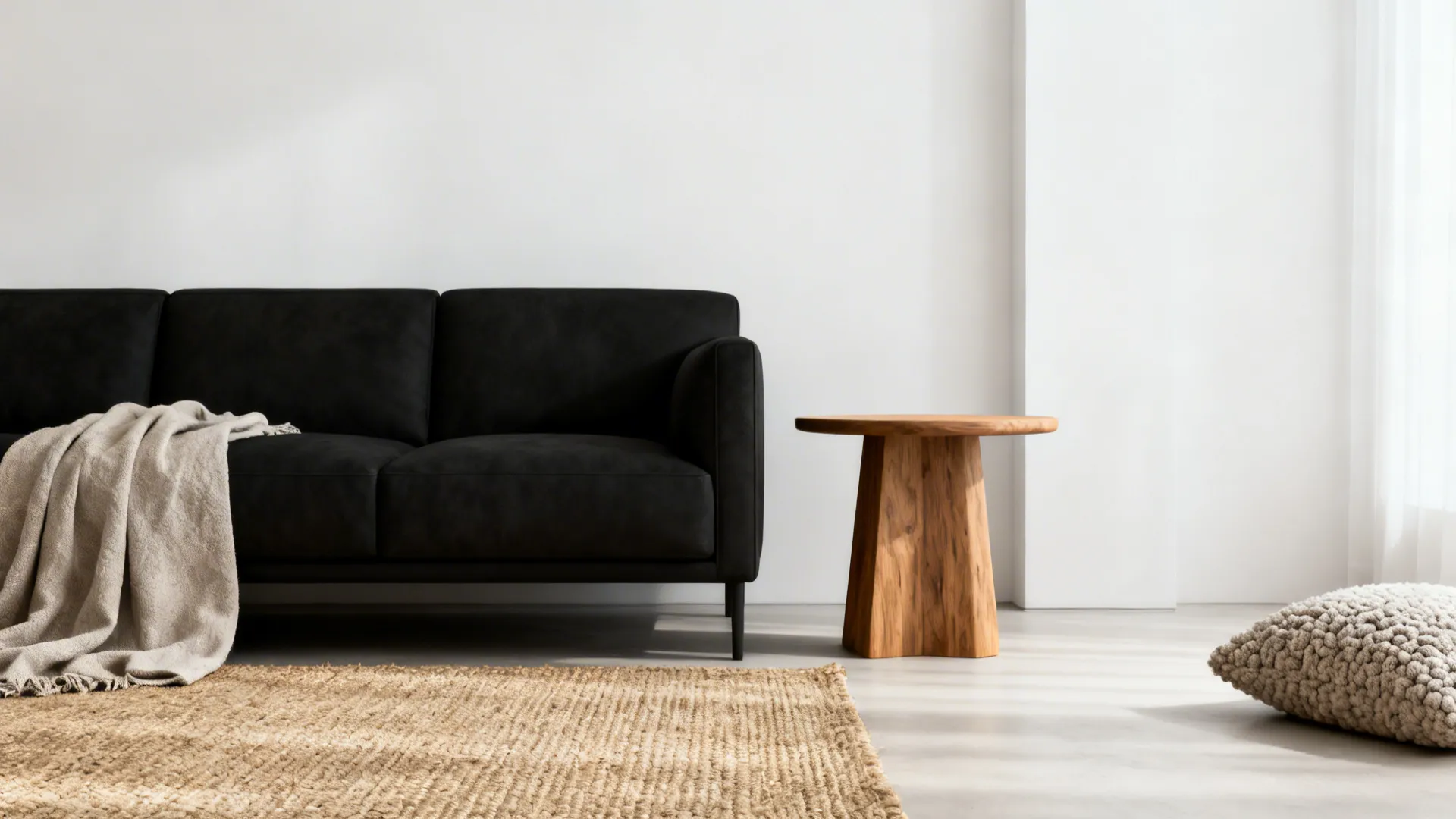 Black sofa on white walls with oak furniture and a jute rug in a minimalist setting.