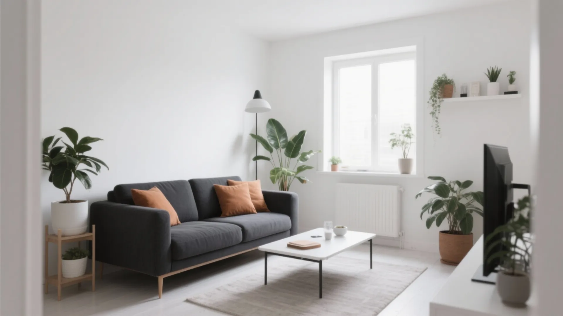 Charcoal sofa with bright white walls in a minimalist living room