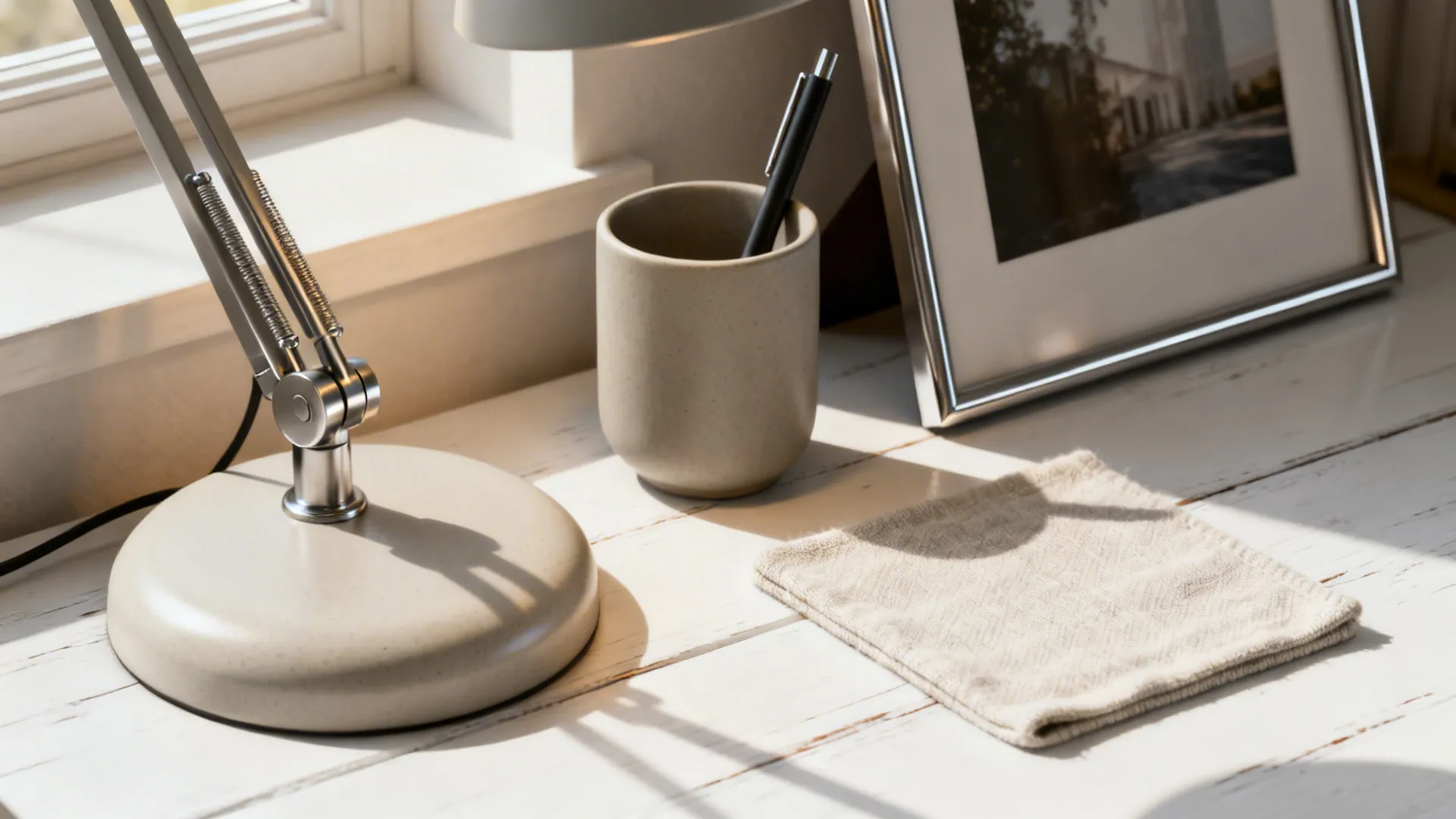 Close-up of a minimalist desk corner with a lamp, pen cup, framed photo, and linen coaster.