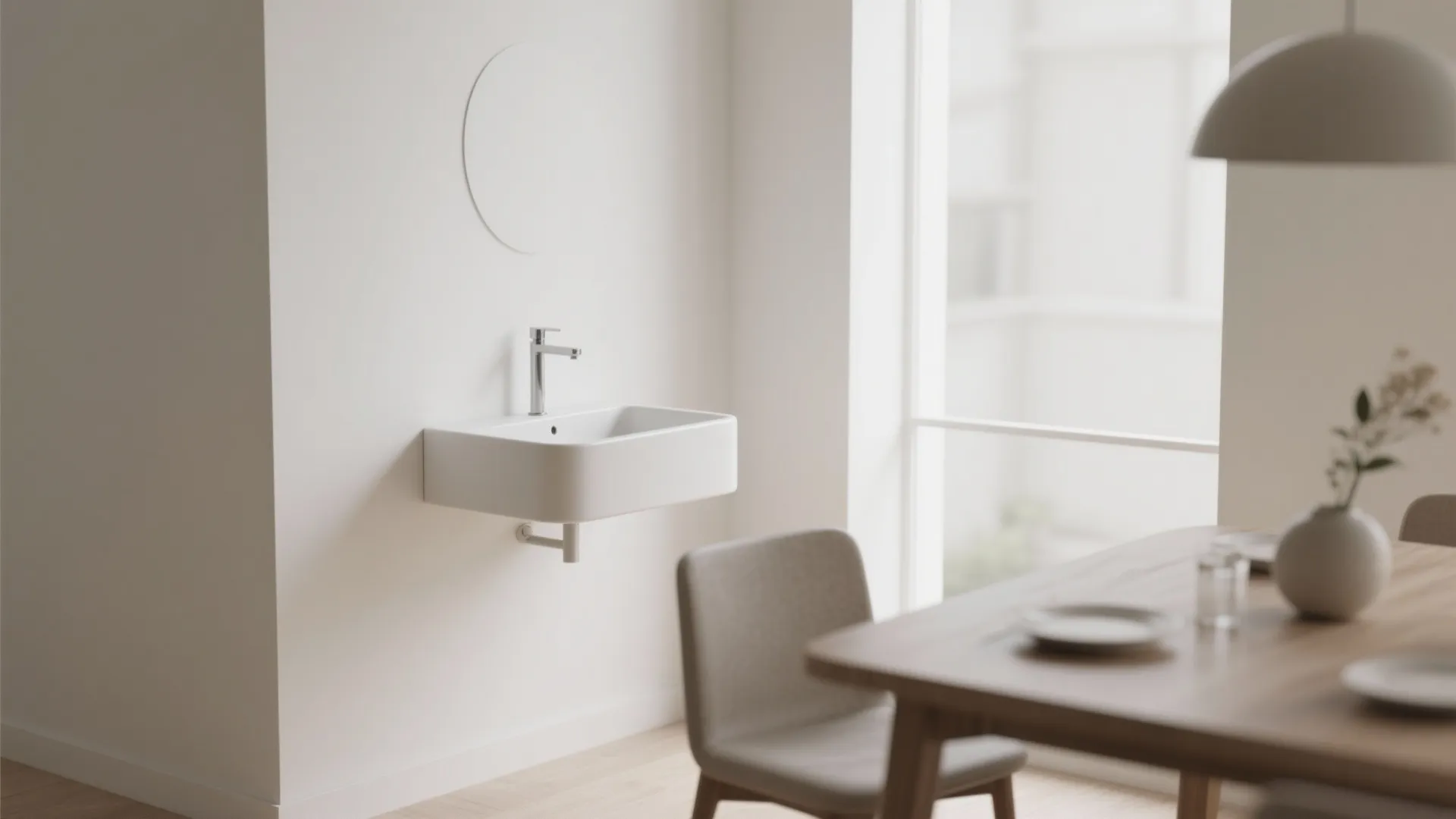 Minimalist white wall mounted sink in a bright modern room next to wooden dining furniture