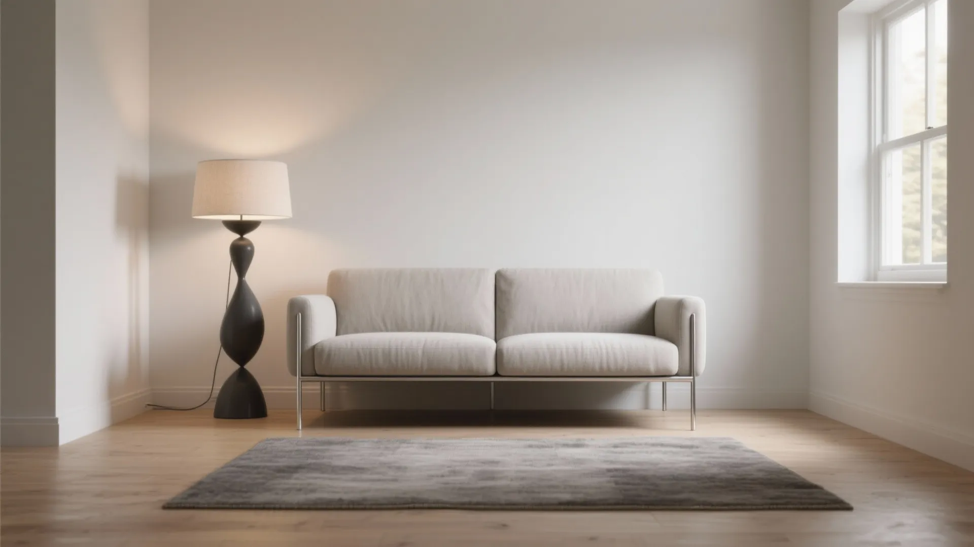 Minimalist white sofa on wood floor with grey rug floor light and bright side window