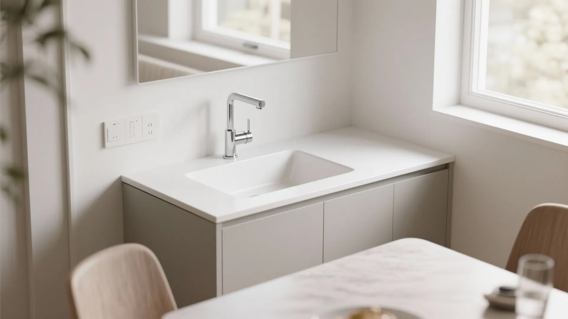 Modern white bathroom sink on a grey cabinet with a chrome faucet and bright window