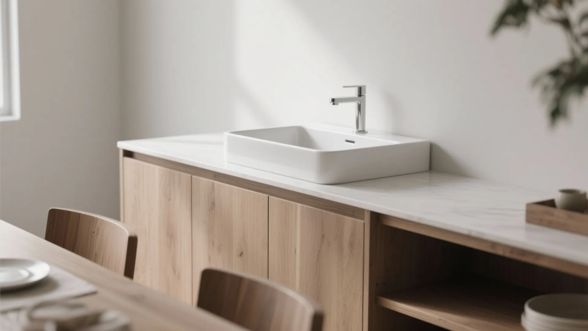 Minimalist white sink on a wood cabinet with marble countertop and modern silver water faucet