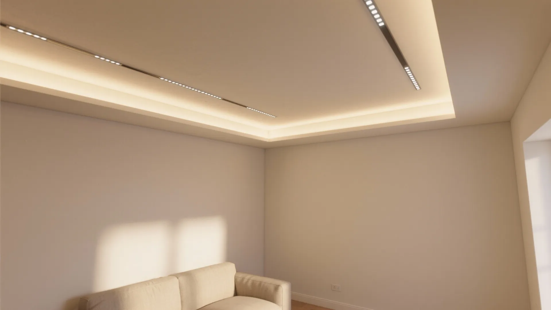 Minimalist room showing a recessed ceiling with hidden light strips and a white sofa corner