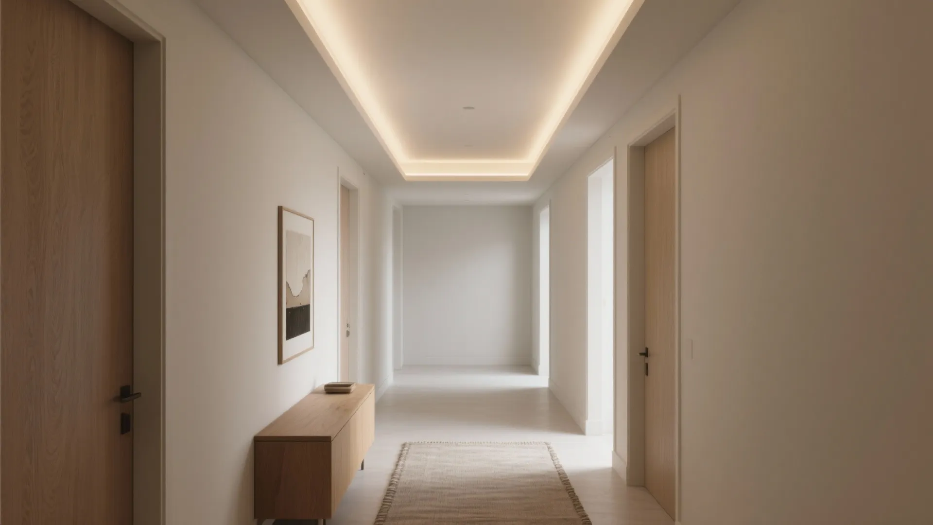Minimalist hallway with warm ceiling light and wooden cabinet under a small piece of art