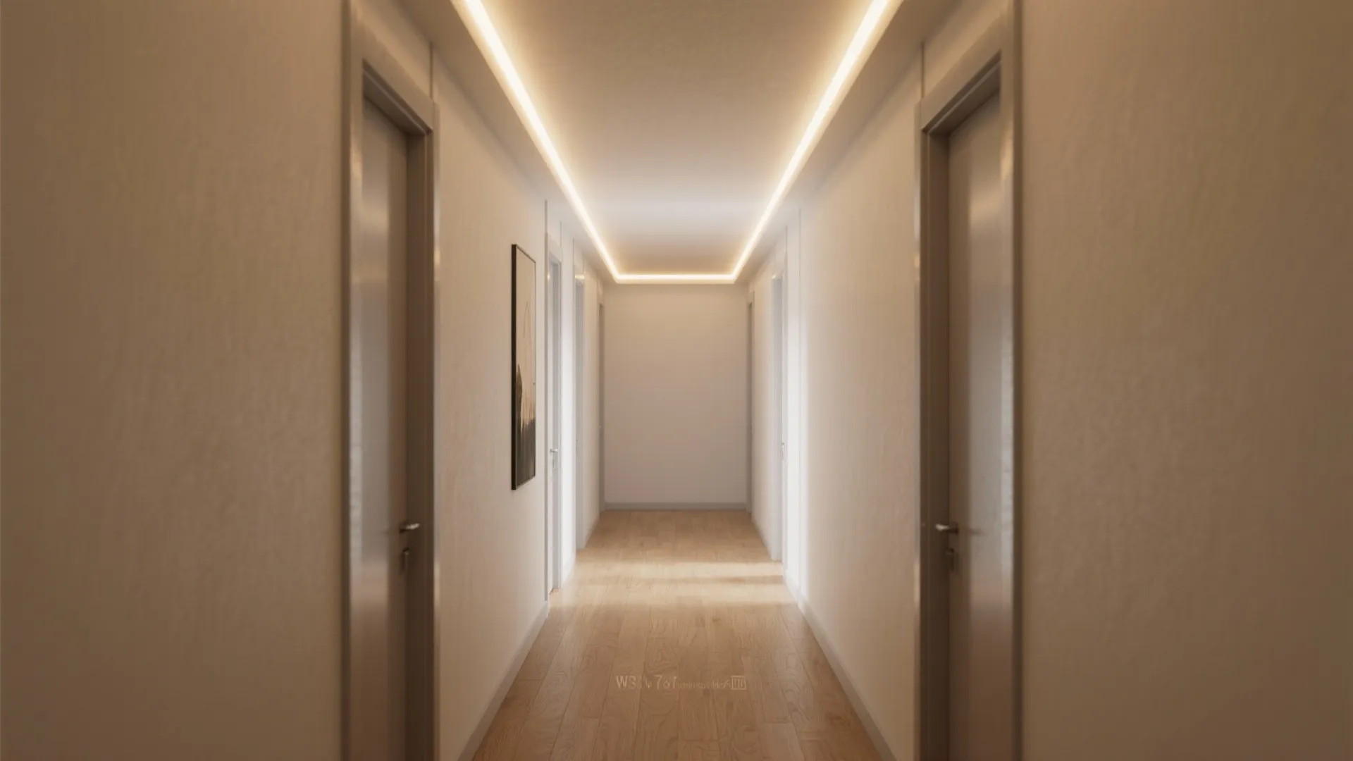 Minimalist hallway featuring warm recessed ceiling lighting with wooden flooring and white doors on both sides