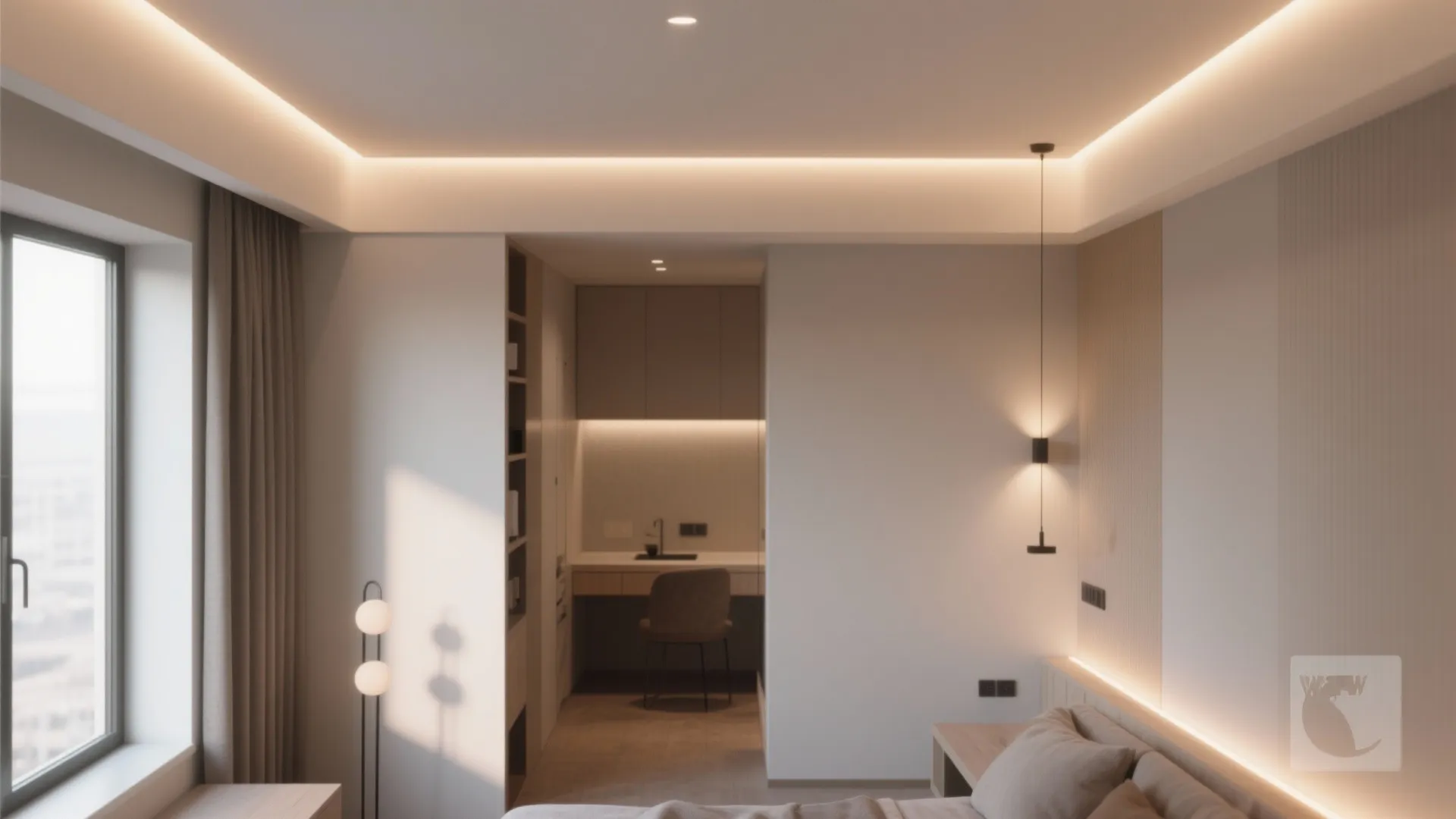Minimalist bedroom interior showing hidden ceiling lights a small desk area and soft warm glow