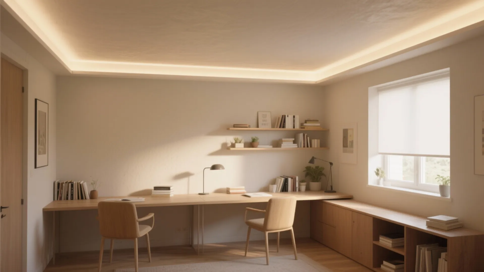 Minimalist home office with a long wooden desk and hidden warm light in the ceiling