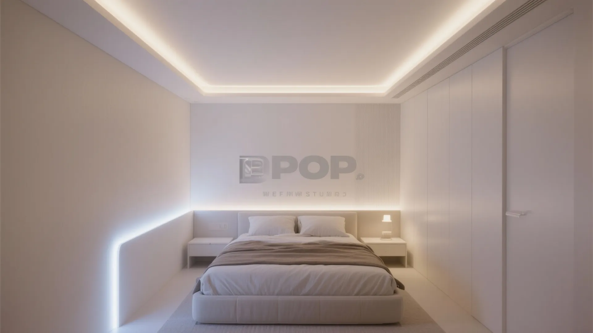 Minimalist white bedroom with a glowing cove ceiling light and sleek modern bed and furniture