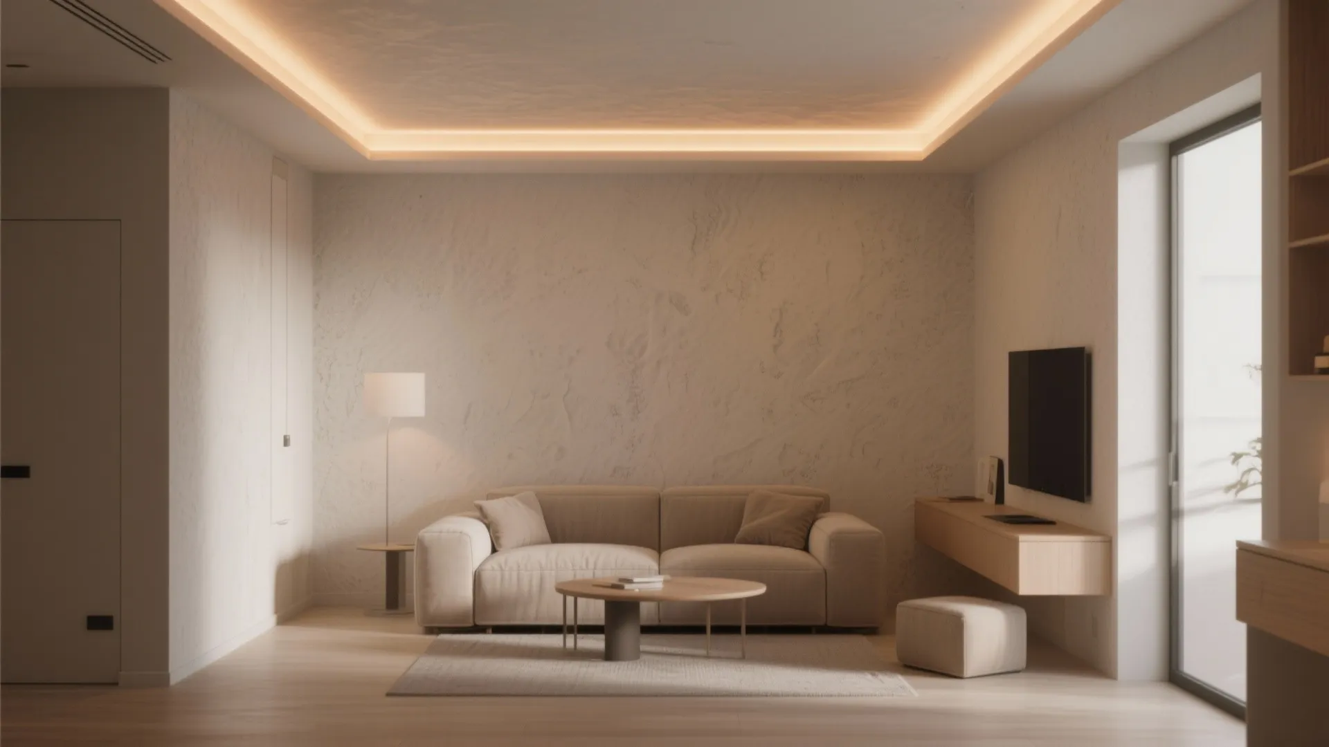 Modern living room with beige sofa and round coffee table under soft warm ceiling lights
