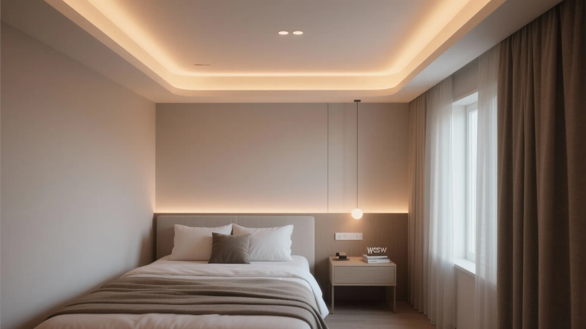 Minimalist bedroom featuring warm cove ceiling light beige walls brown curtains and a hanging light