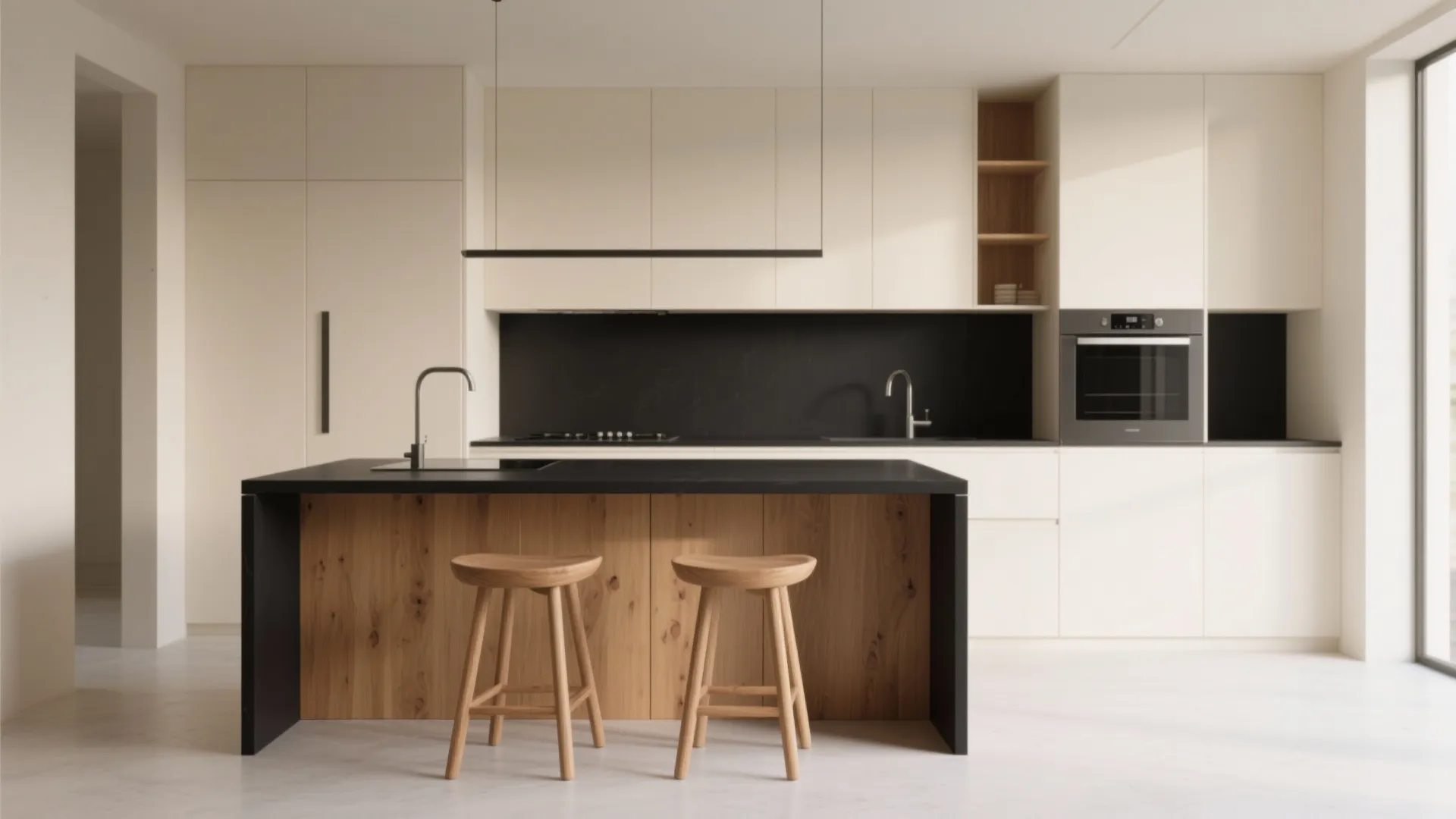 9. Minimalist Cream and Black with Warm Wood