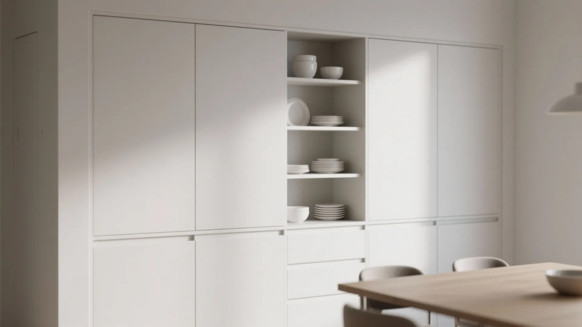 Minimalist white wall cabinet with open shelves displaying white bowls and plates next to dining table