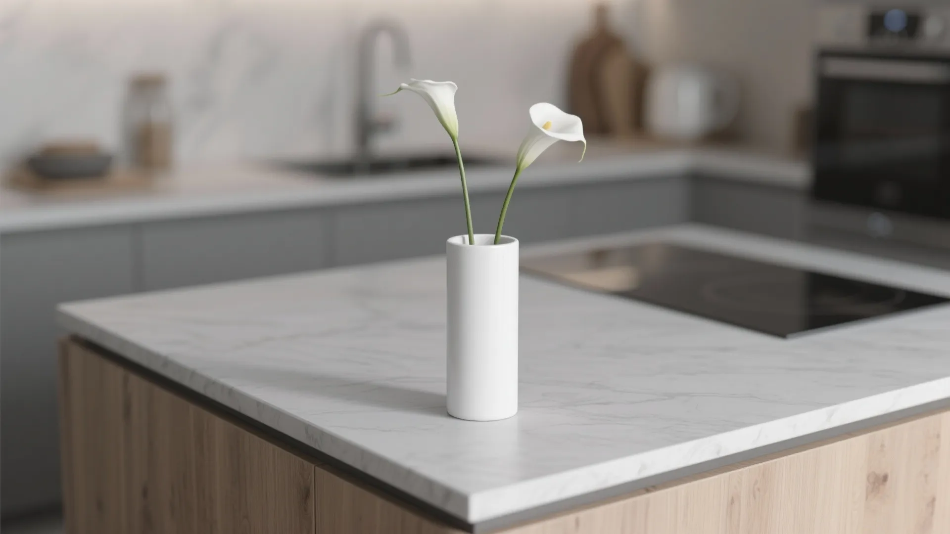 Minimalist cylinder vase with two stems on kitchen island