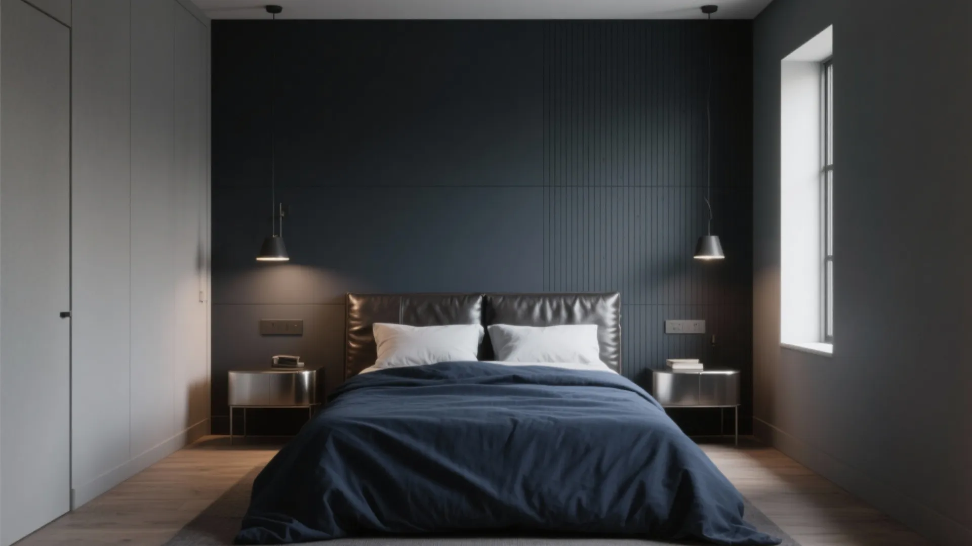 Small bedroom with charcoal accent wall, deep navy bedding and warm grey tones.