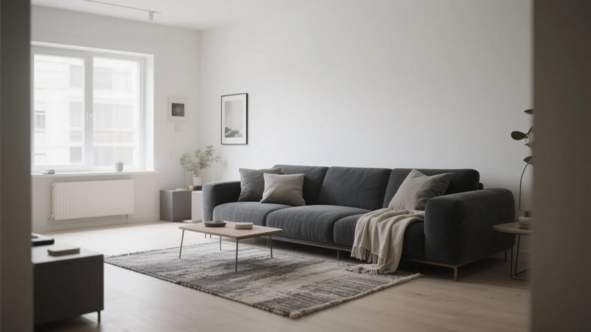 Minimalist living room with grey sofa wooden coffee table patterned rug and white walls design