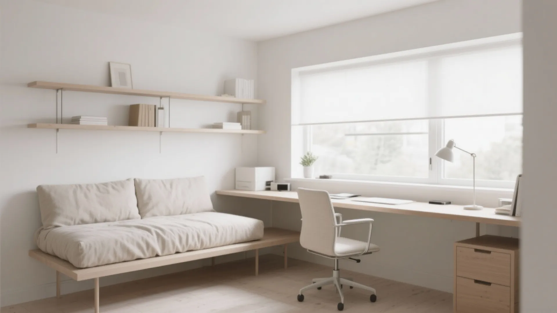 Minimalist home office with linen daybed and floating desk