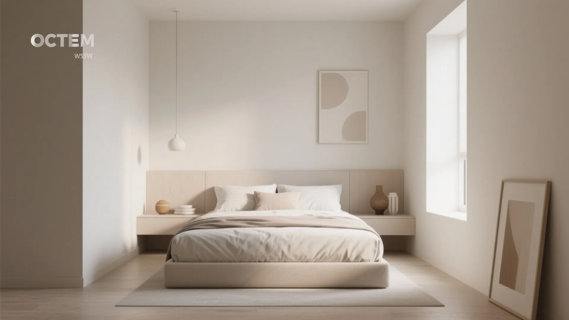 Minimalist beige bedroom featuring a soft bed with hanging white ceiling light and abstract wall art