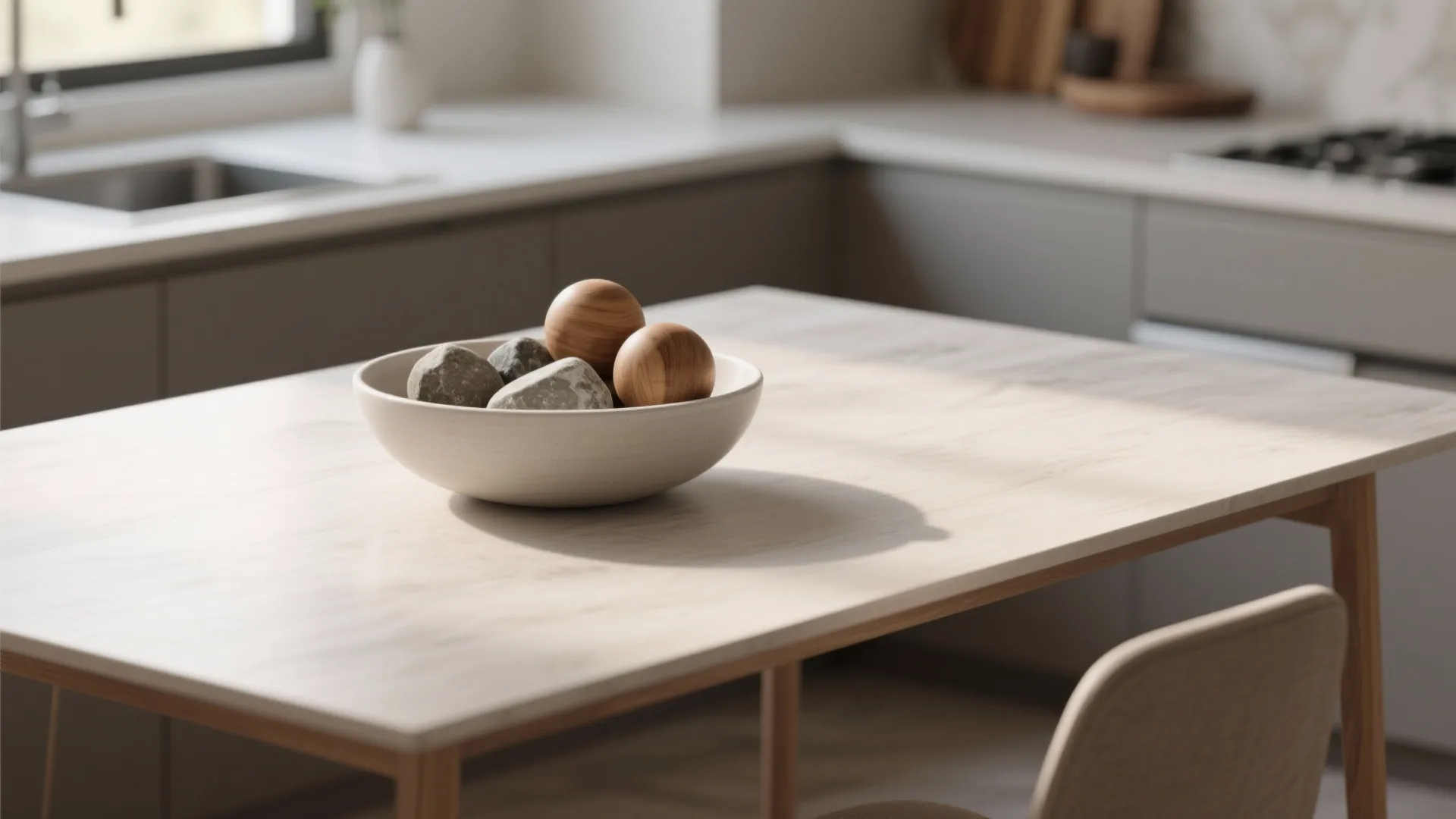 Minimalist white bowl with wooden balls and grey stones on a light wood kitchen table