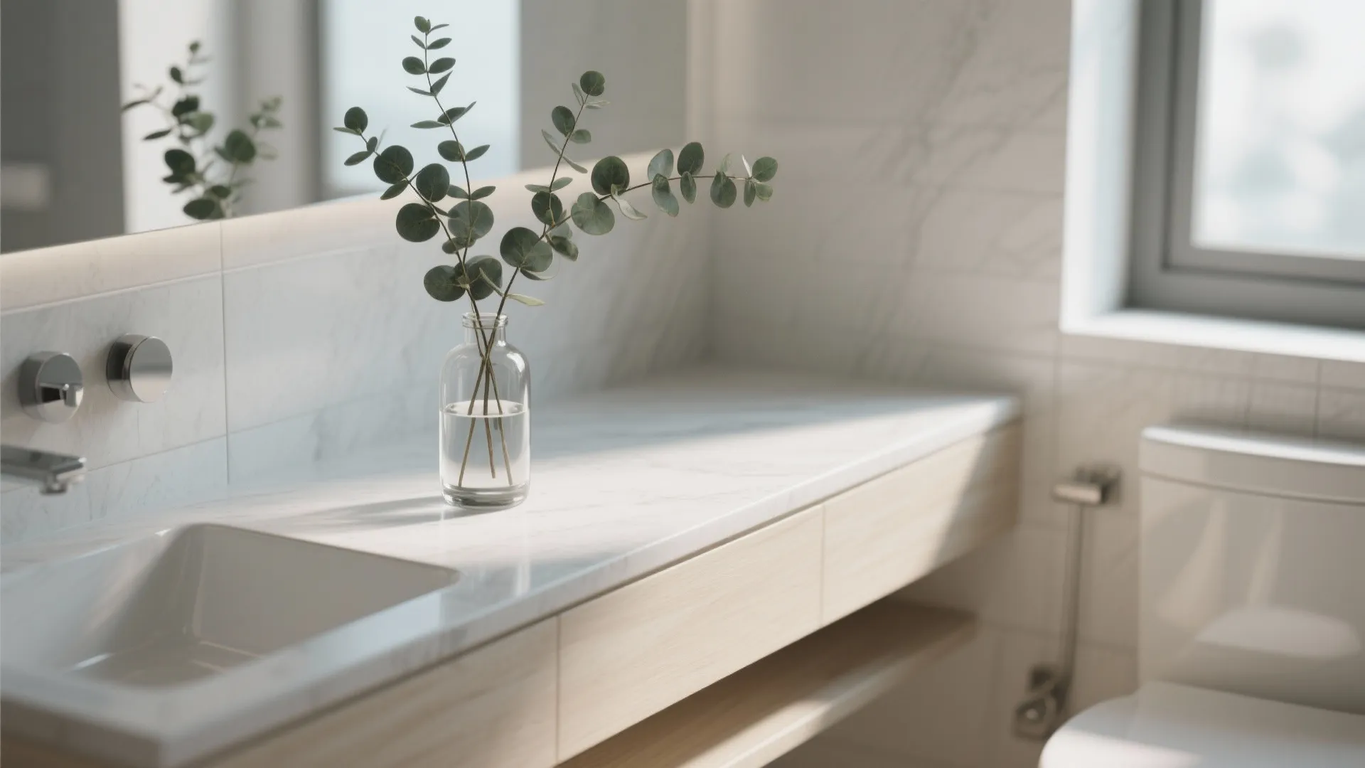 Green leaves in a glass vase on a white marble bathroom counter with wooden drawers