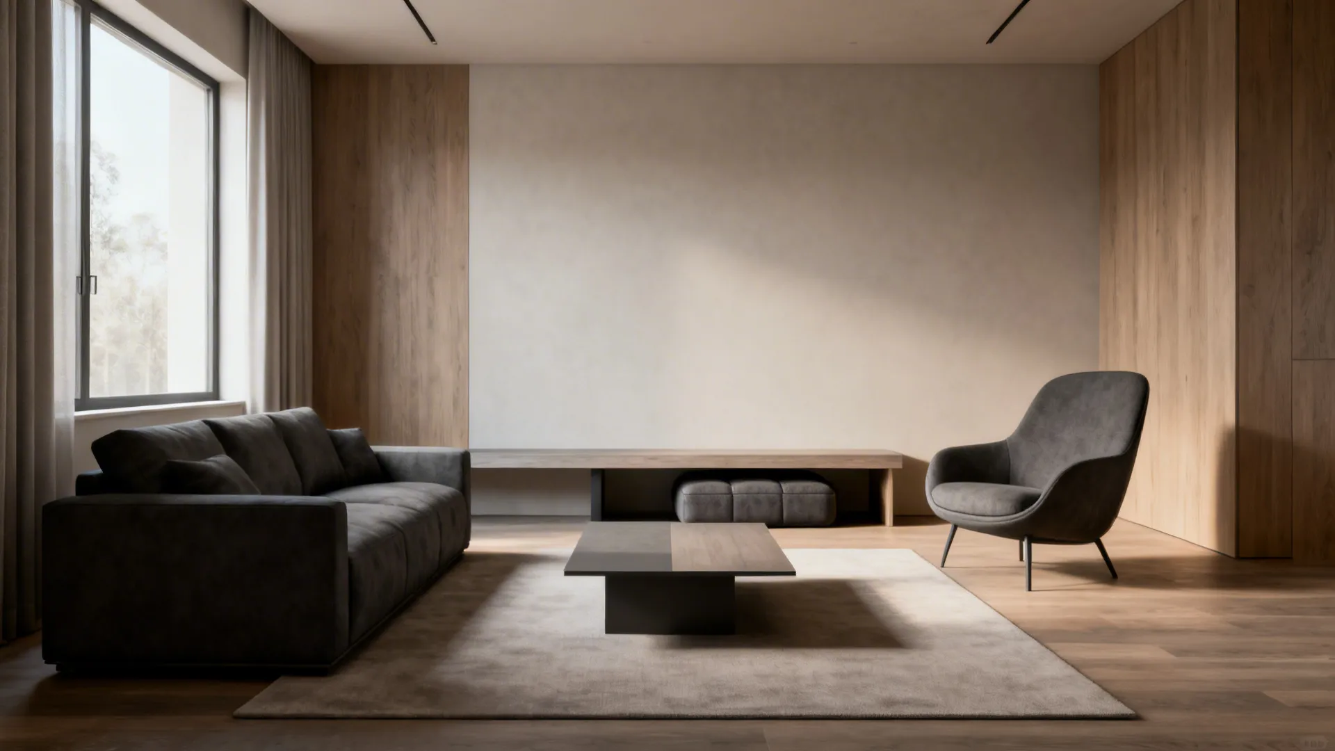Minimalist masculine den with a single sofa, statement chair and modular ottoman.