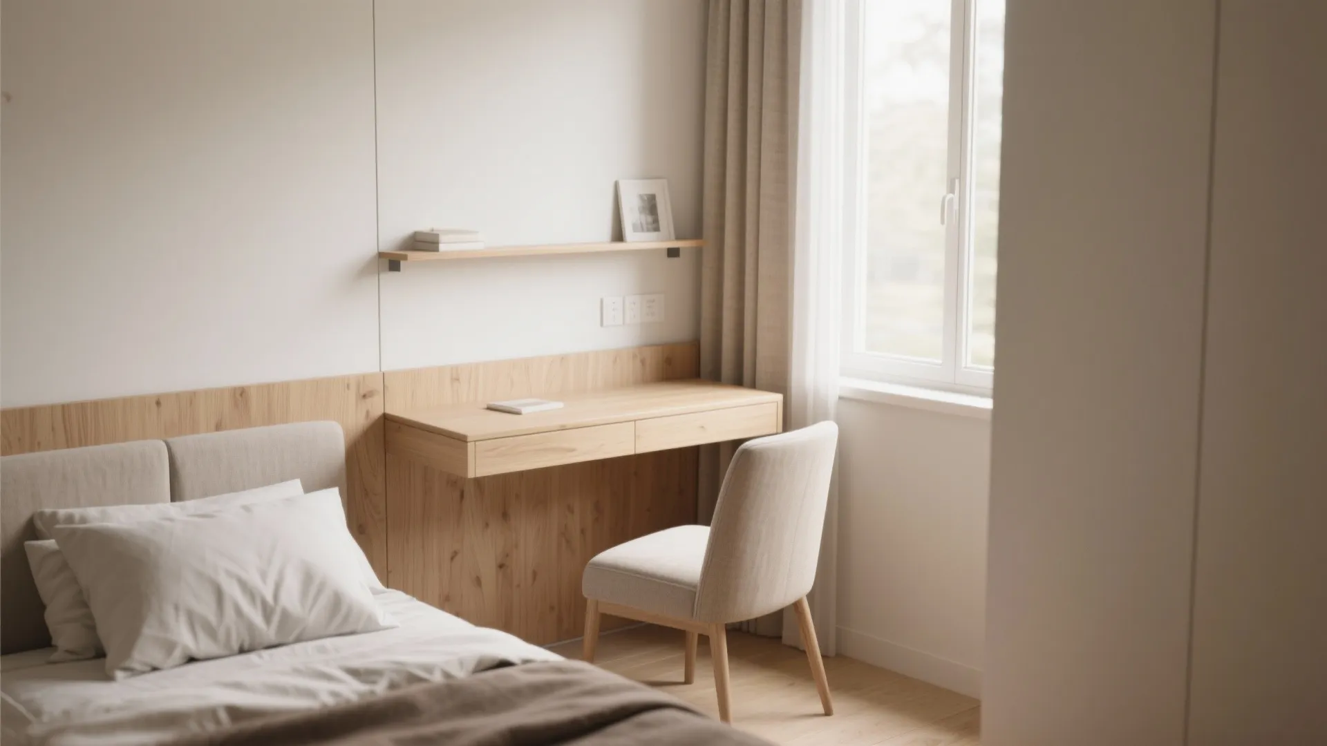 Slim wall-mounted desk in a compact bedroom with minimal decor