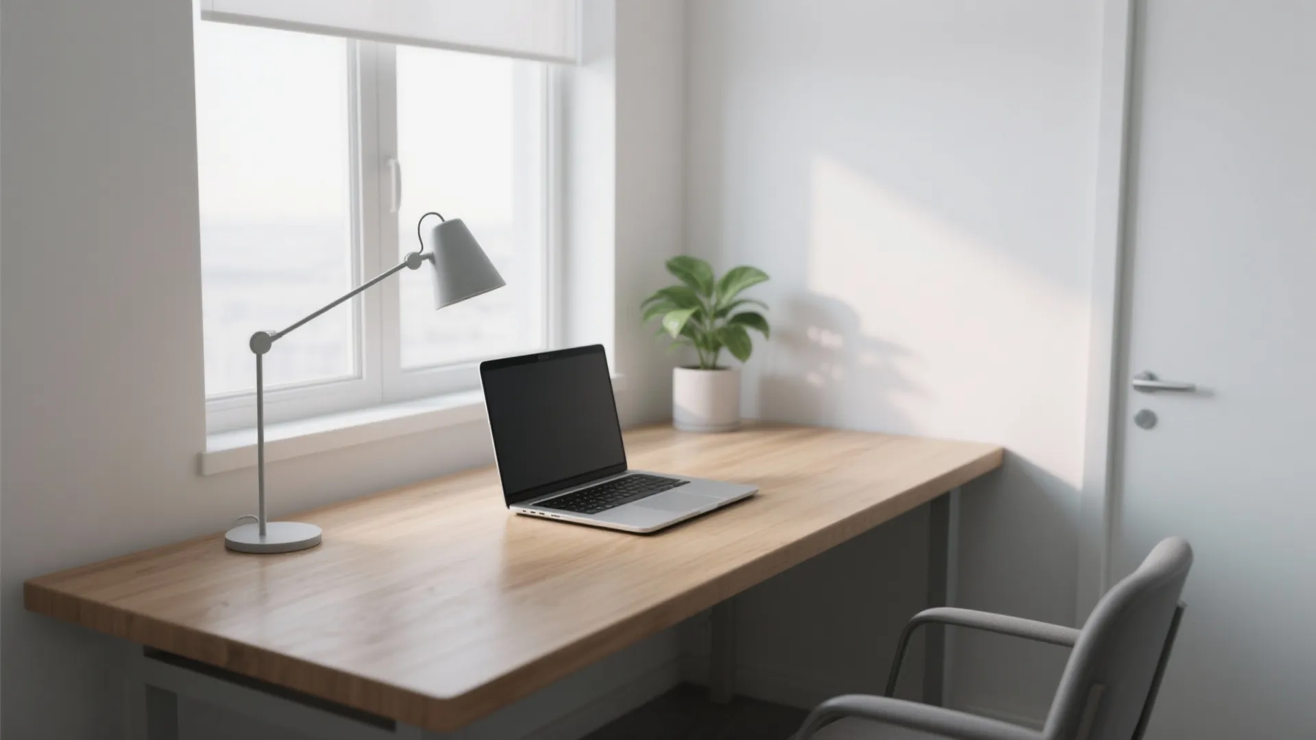 Minimalist wooden desk with laptop desk lamp green plant white walls and large bright window