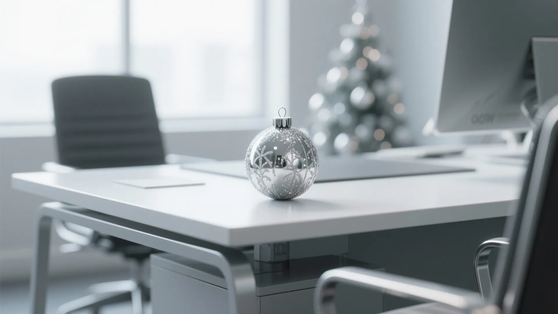 Silver Christmas ball on white office desk with a blurry holiday tree in the background