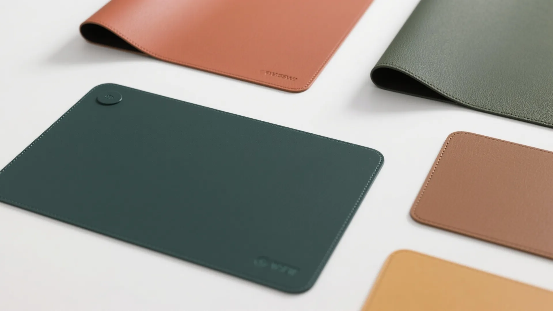 Minimalist leather desk mats in various colors including green orange and brown on white surface