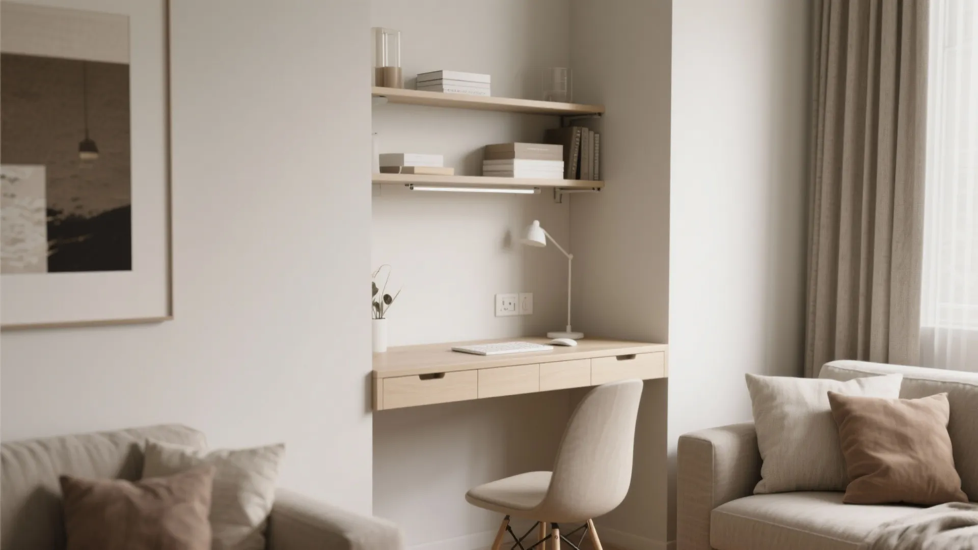 Minimalist home office nook with wooden desk wall shelves white lamp beige chair and sofa