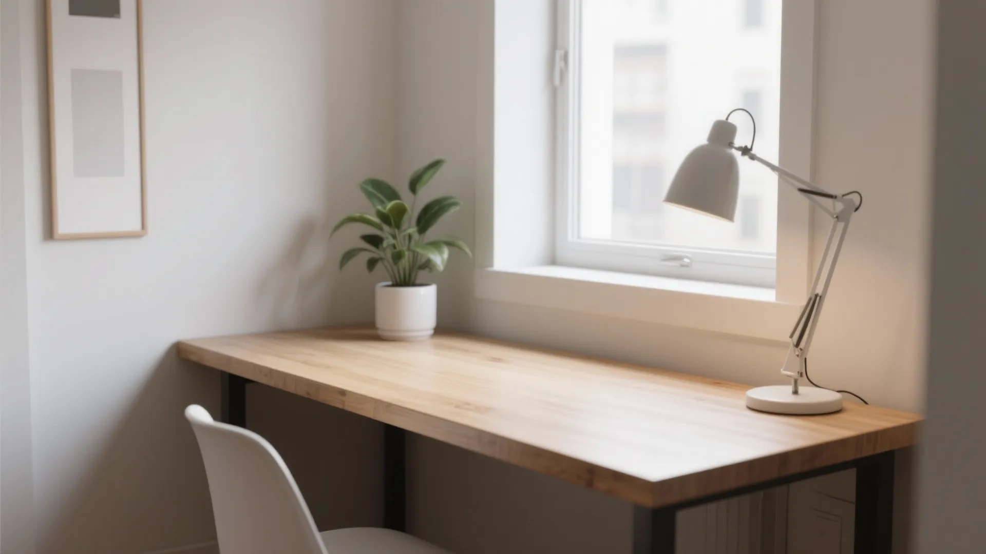 Minimalist desk with a single plant and sleek lamp