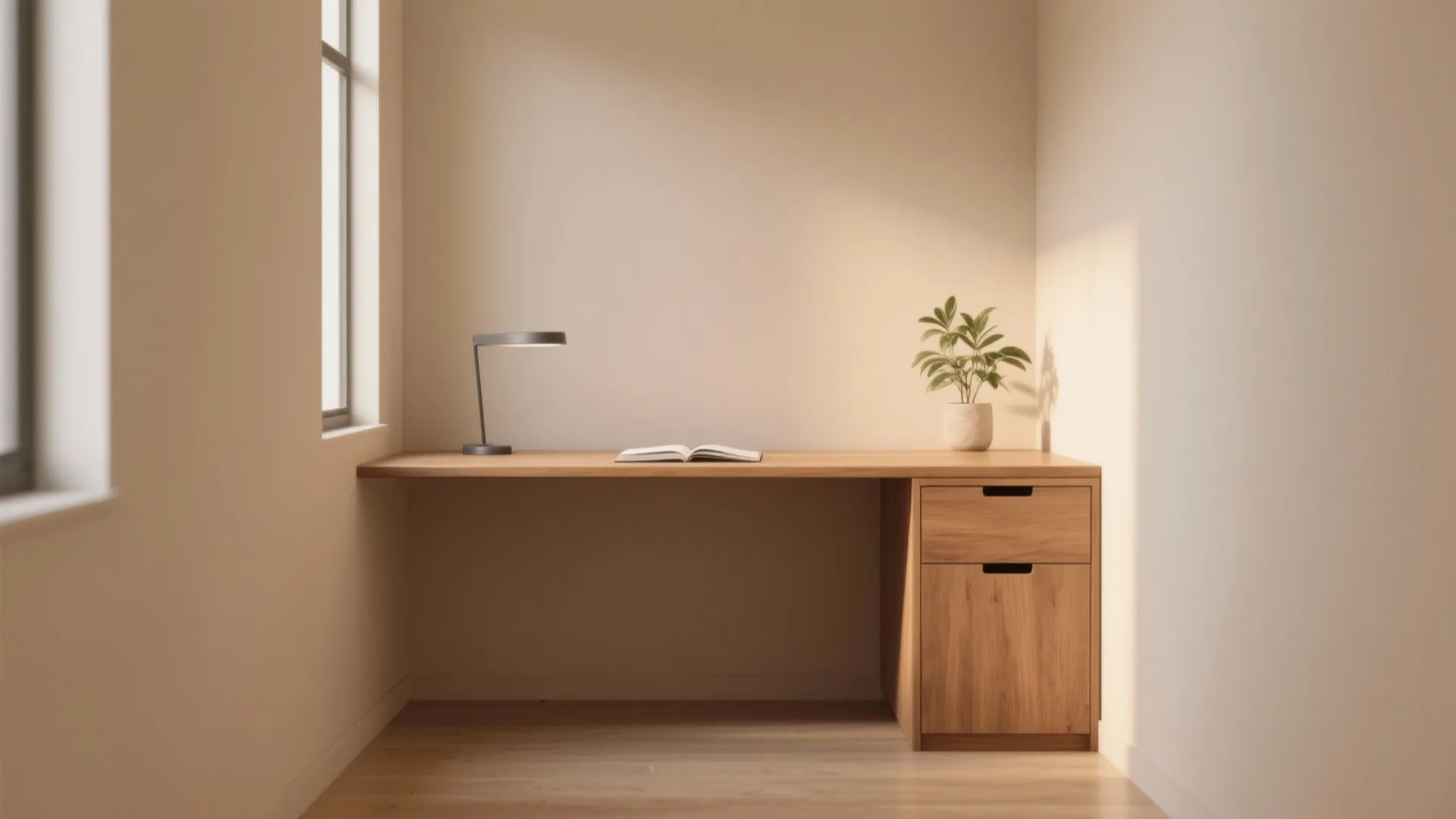 Minimalist desk setup with hidden drawer and warm lighting