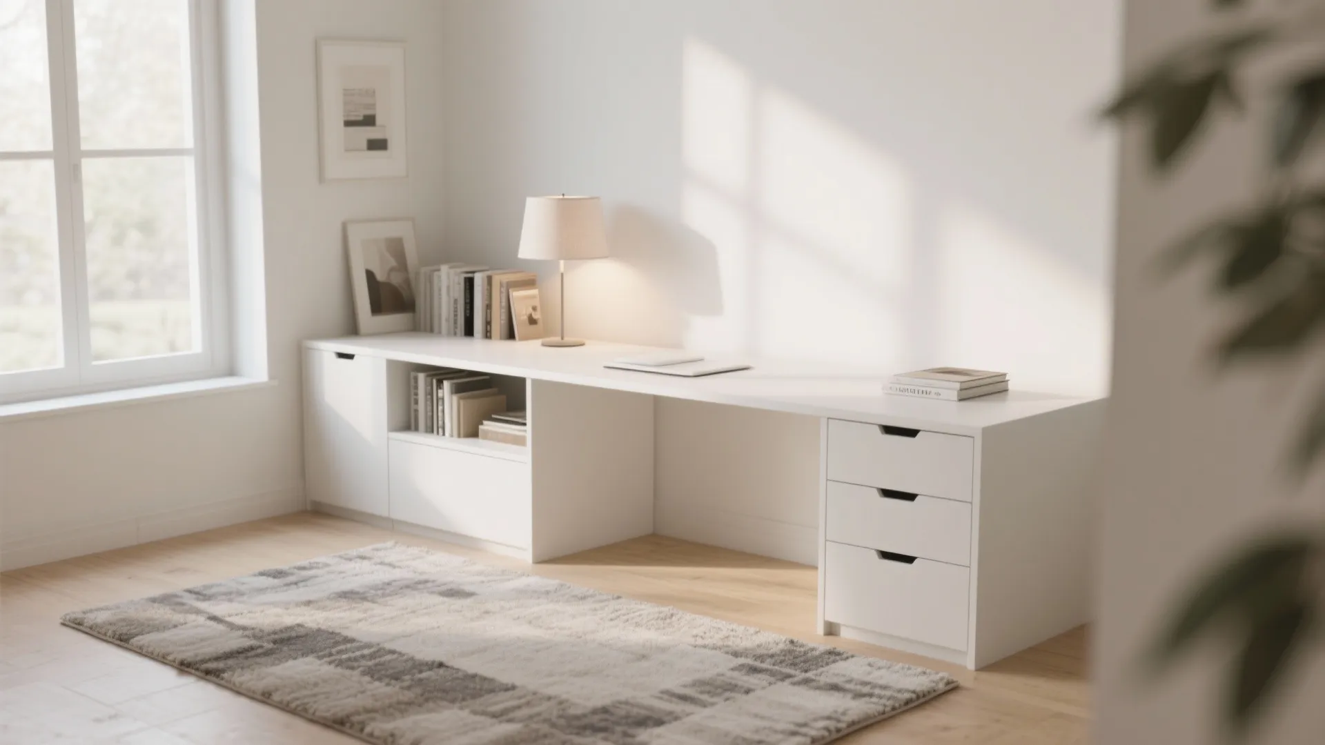 Minimalist white desk with hidden storage in a bright study room