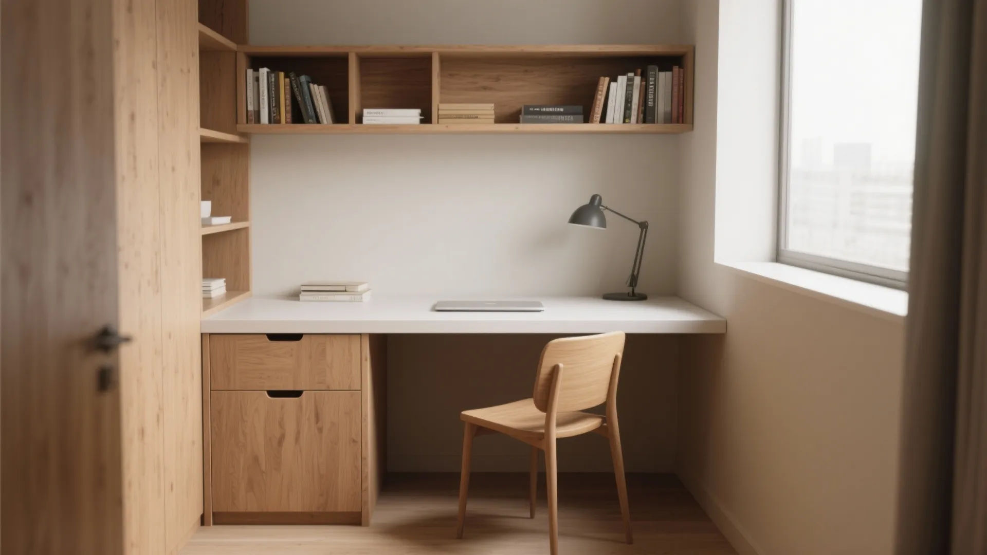Minimalist home office with a white desk wooden chair black lamp and wooden wall shelves