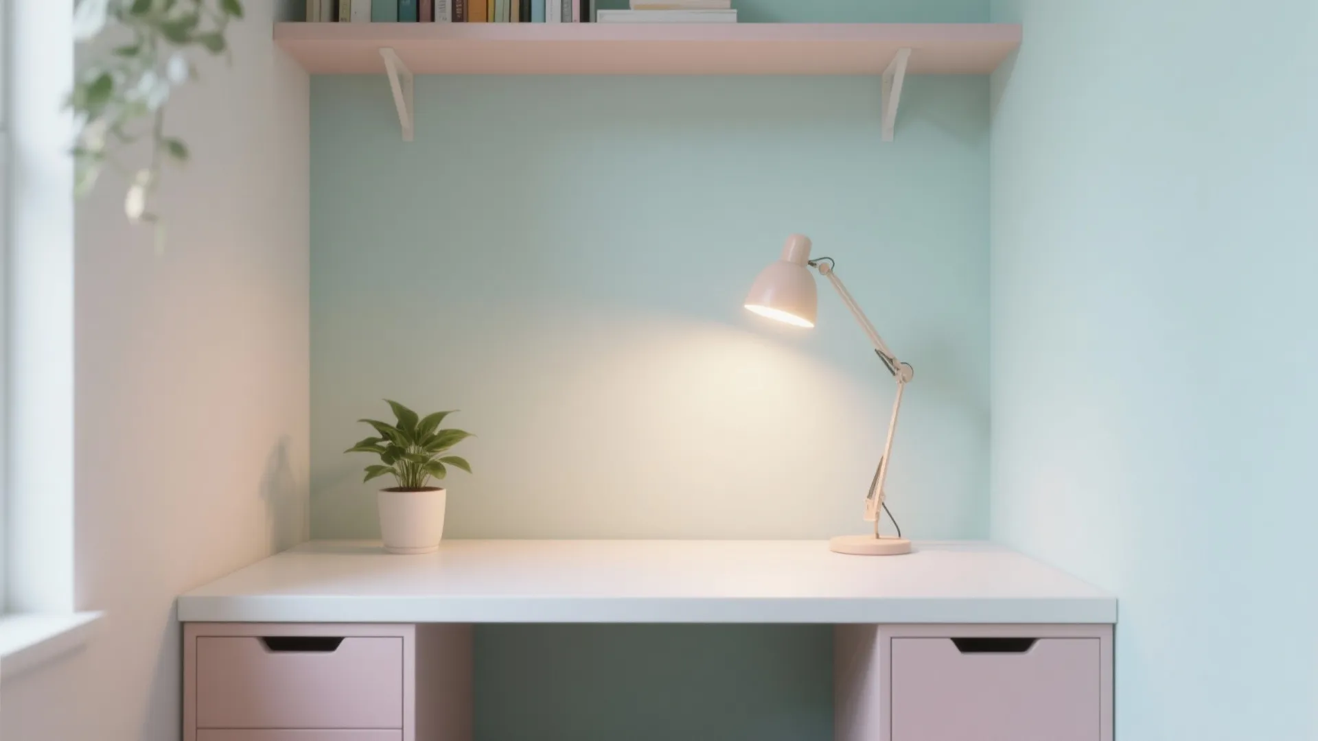 Minimalist desk setup with mint green wall pink cabinet drawers small plant and table lamp